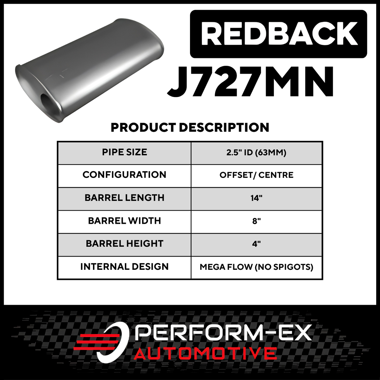 8" x 4" OVAL 14" LONG 2.5" O/C MEGA FLOW REDBACK UNIVERSAL MUFFLER NO SPIGOTS (J727MN)