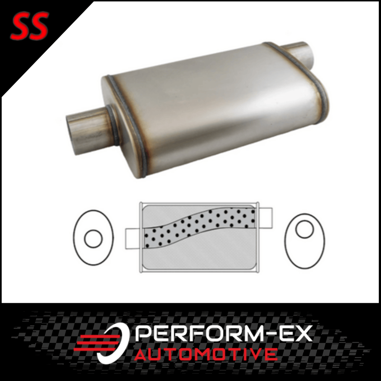 UNIVERSAL 409 STAINLESS STEEL MUFFLER 2.25" OFFSET/CENTRE - 9" X 4" X 14" LONG OVAL - MEGA FLOW (X627M-409)