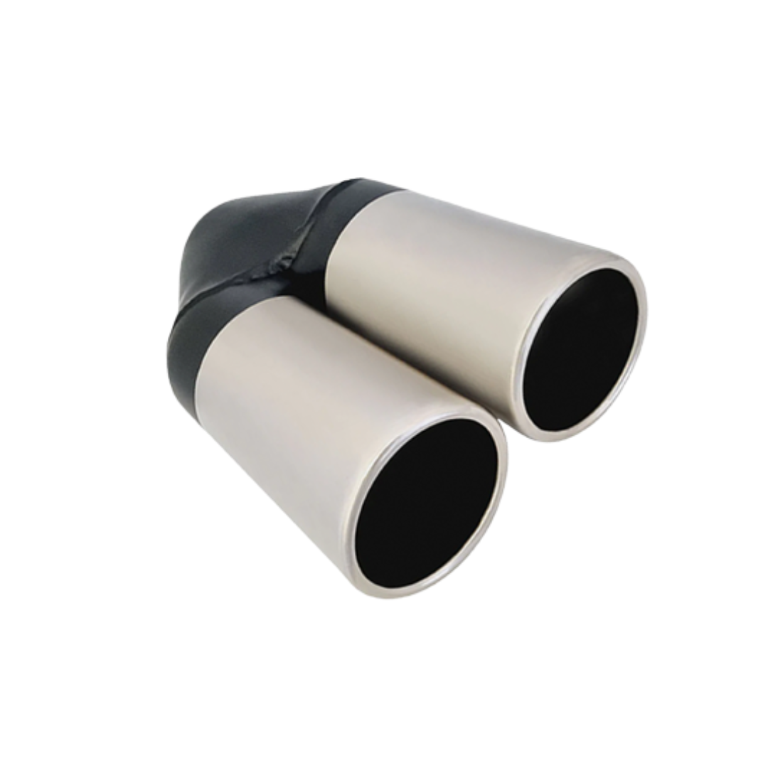 STRAIGHT CUT ROLLED IN STAINLESS STEEL EXHAUST TIP - 2.5" INLET - TWIN 3" OUTLET (9" LONG)