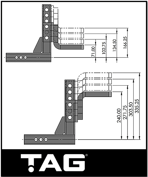 TAG ADJUSTABLE HEAVY DUTY TOW BALL MOUNT - 90° FACE, 50MM SQUARE HITCH - 310MM DROP/335MM RISE (UNTTBM100)