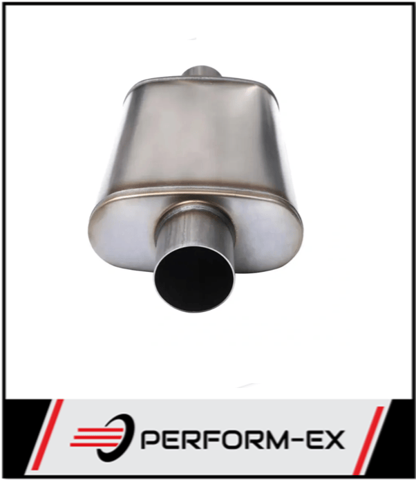 UNIVERSAL 409 STAINLESS STEEL MUFFLER 2.5" CENTRE/CENTRE - 8" X 5" X 14" LONG OVAL - MEGA FLOW (D726M-409)