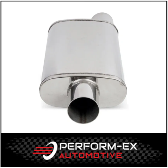 UNIVERSAL POLISHED STAINLESS STEEL MUFFLER 2.5" OFFSET/CENTRE - 9" X 4" X 14" LONG OVAL - MEGA FLOW (X727M-409P)