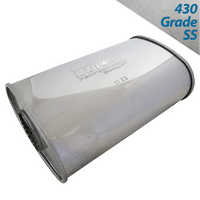 8" x 4" OVAL 14" LONG 2" O/C MEGAFLOW LUKEY STAINLESS STEEL UNIVERSAL MUFFLER (J527MN-430L)