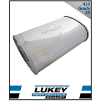 8" x 4" OVAL 14" LONG 2" O/C MEGAFLOW LUKEY STAINLESS STEEL UNIVERSAL MUFFLER (J527MN-430L)