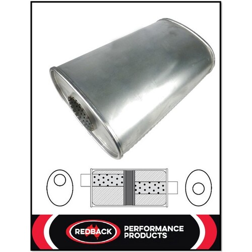 10" X 5" OVAL 14" LONG 3" O/C GLASS PACKED REDBACK UNIVERSAL MUFFLER NO SPIGOTS