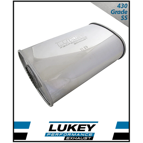 8" x 4" OVAL 14" LONG 2" O/C MEGAFLOW LUKEY STAINLESS STEEL UNIVERSAL MUFFLER (J527MN-430L)