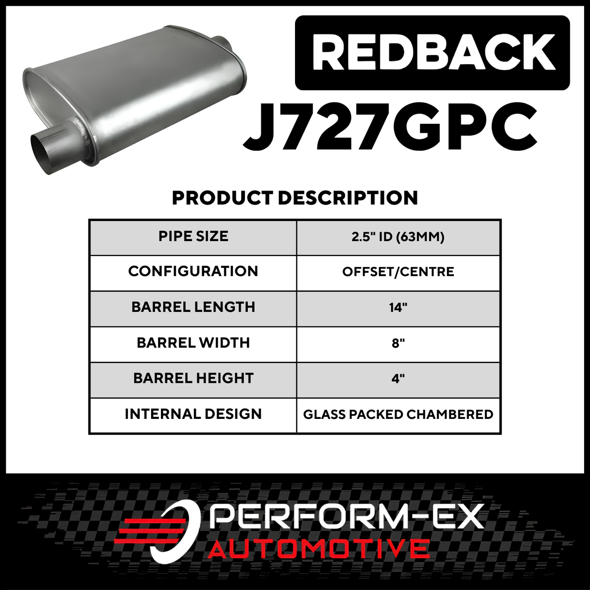 8" x 4" OVAL 14" LONG 2.5" O/C GLASS PACKED REDBACK UNIVERSAL MUFFLER (J727GPC)