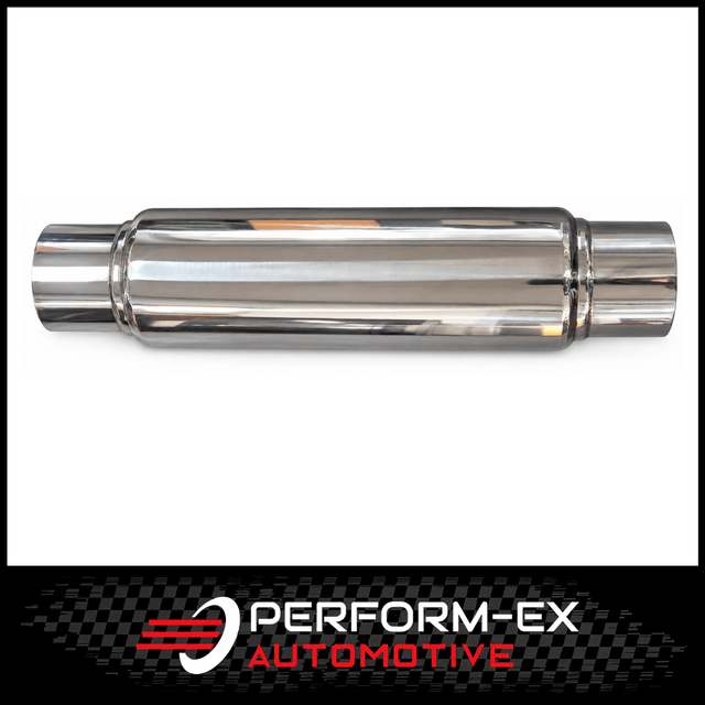 UNIVERSAL 304 STAINLESS STEEL MUFFLER 4" CENTRE/CENTRE - 14" LONG X 5" ROUND - MEGA FLOW (BW14CC400M-304NP)