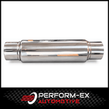 UNIVERSAL 304 STAINLESS STEEL MUFFLER 4" CENTRE/CENTRE - 14" LONG X 5" ROUND - MEGA FLOW (BW14CC400M-304NP)