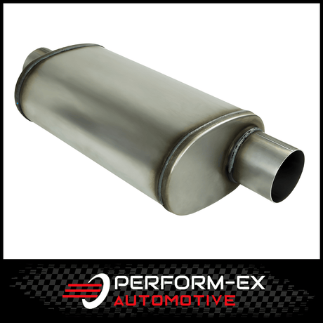 UNIVERSAL 409 STAINLESS STEEL MUFFLER 3" OFFSET/CENTRE - 8" X 5" X 14" LONG OVAL - MEGA FLOW (D827M-409)