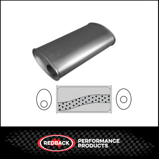 8" X 4" OVAL 14" LONG 2" O/C MEGA FLOW REDBACK UNIVERSAL MUFFLER NO SPIGOTS (J527MN)