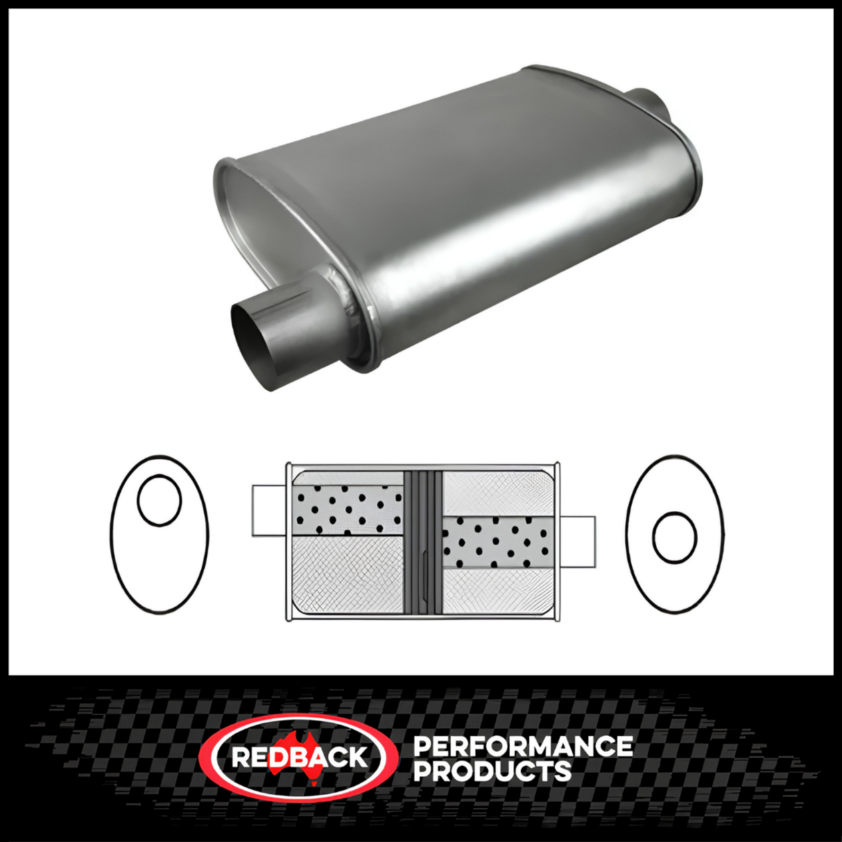 8" x 4" OVAL 14" LONG 2.5" O/C GLASS PACKED REDBACK UNIVERSAL MUFFLER (J727GPC)