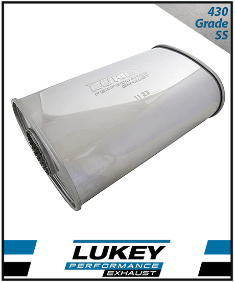 8" x 4" OVAL 14" LONG 2.5" O/C MEGAFLOW LUKEY STAINLESS STEEL UNIVERSAL MUFFLER (J727MN-430L)