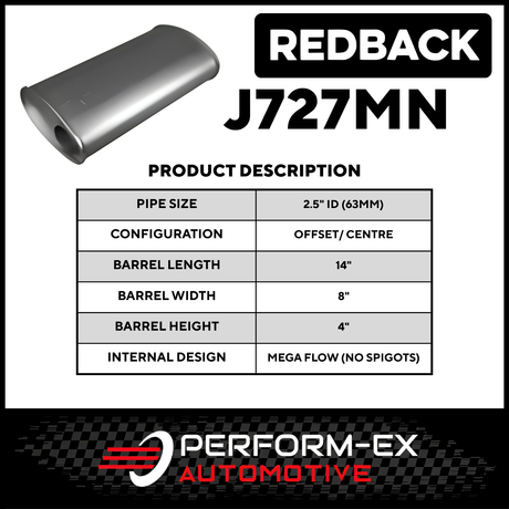 8" x 4" OVAL 14" LONG 2.5" O/C MEGA FLOW REDBACK UNIVERSAL MUFFLER NO SPIGOTS (J727MN)