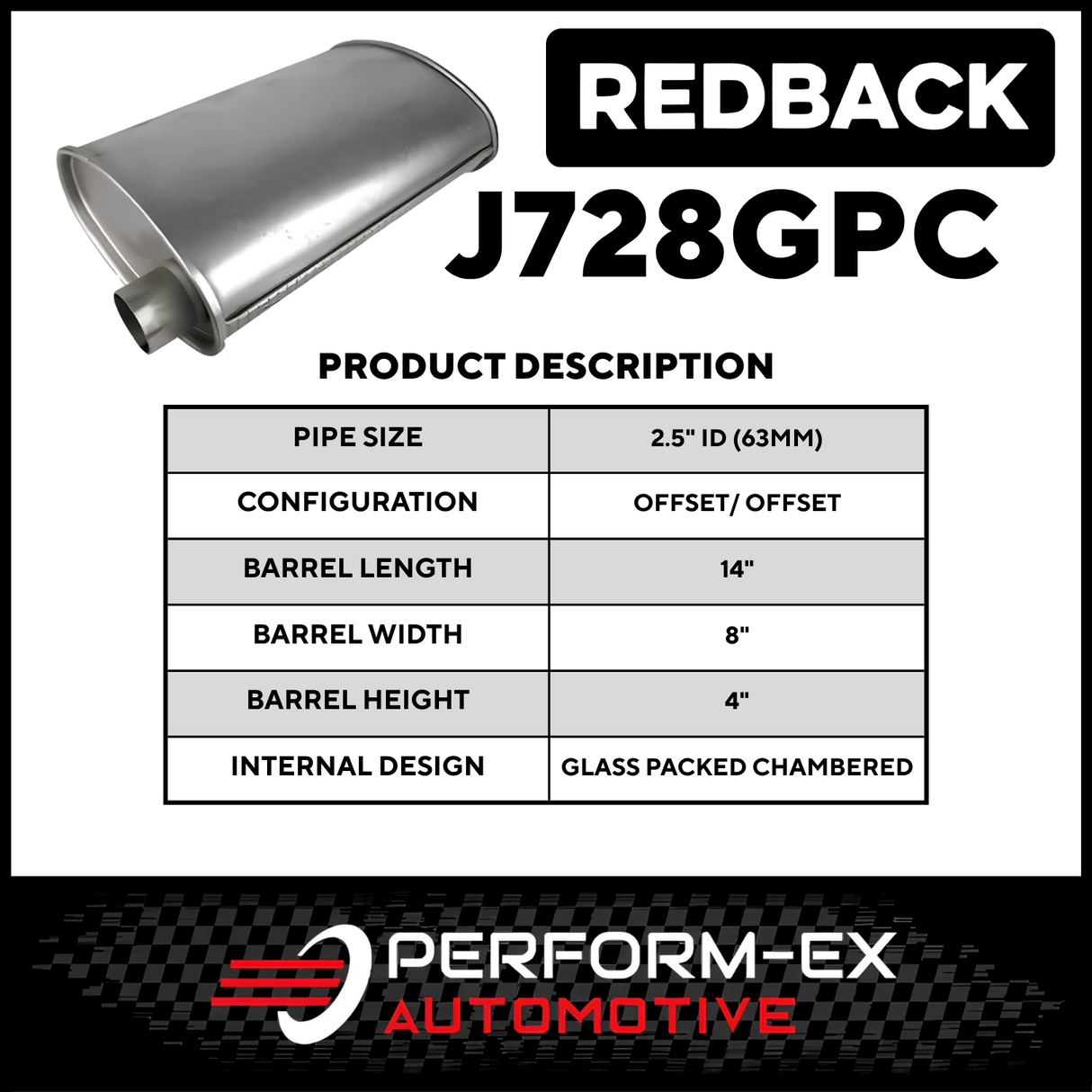 8" X 4" OVAL 14" LONG 2.5" O/O GLASS PACKED REDBACK UNIVERSAL MUFFLER (J728GPC)
