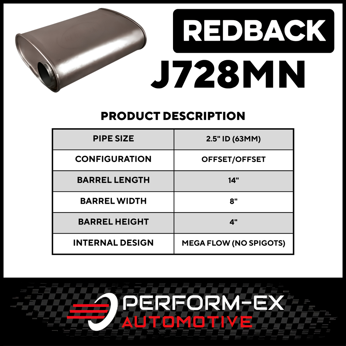 8" X 4" OVAL 14" LONG 2.5" O/O MEGA FLOW REDBACK UNIVERSAL MUFFLER NO SPIGOTS (J728MN)