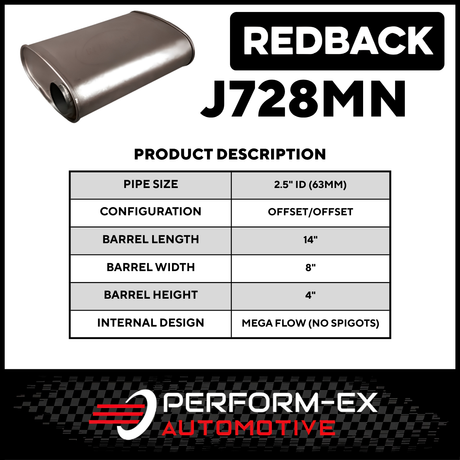 8" X 4" OVAL 14" LONG 2.5" O/O MEGA FLOW REDBACK UNIVERSAL MUFFLER NO SPIGOTS (J728MN)