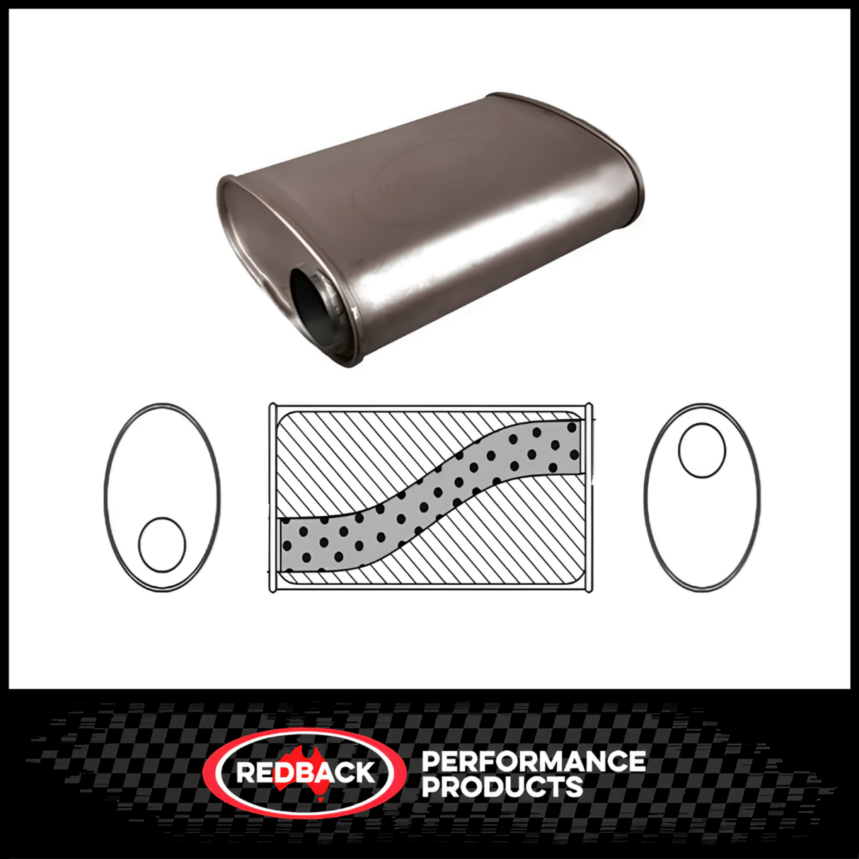8" X 4" OVAL 14" LONG 2.5" O/O MEGA FLOW REDBACK UNIVERSAL MUFFLER NO SPIGOTS (J728MN)