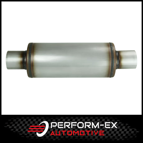 UNIVERSAL STAINLESS STEEL MUFFLER 2.5" CENTRE/CENTRE - 12" LONG X 5" ROUND - MEGA FLOW (N718M-409)
