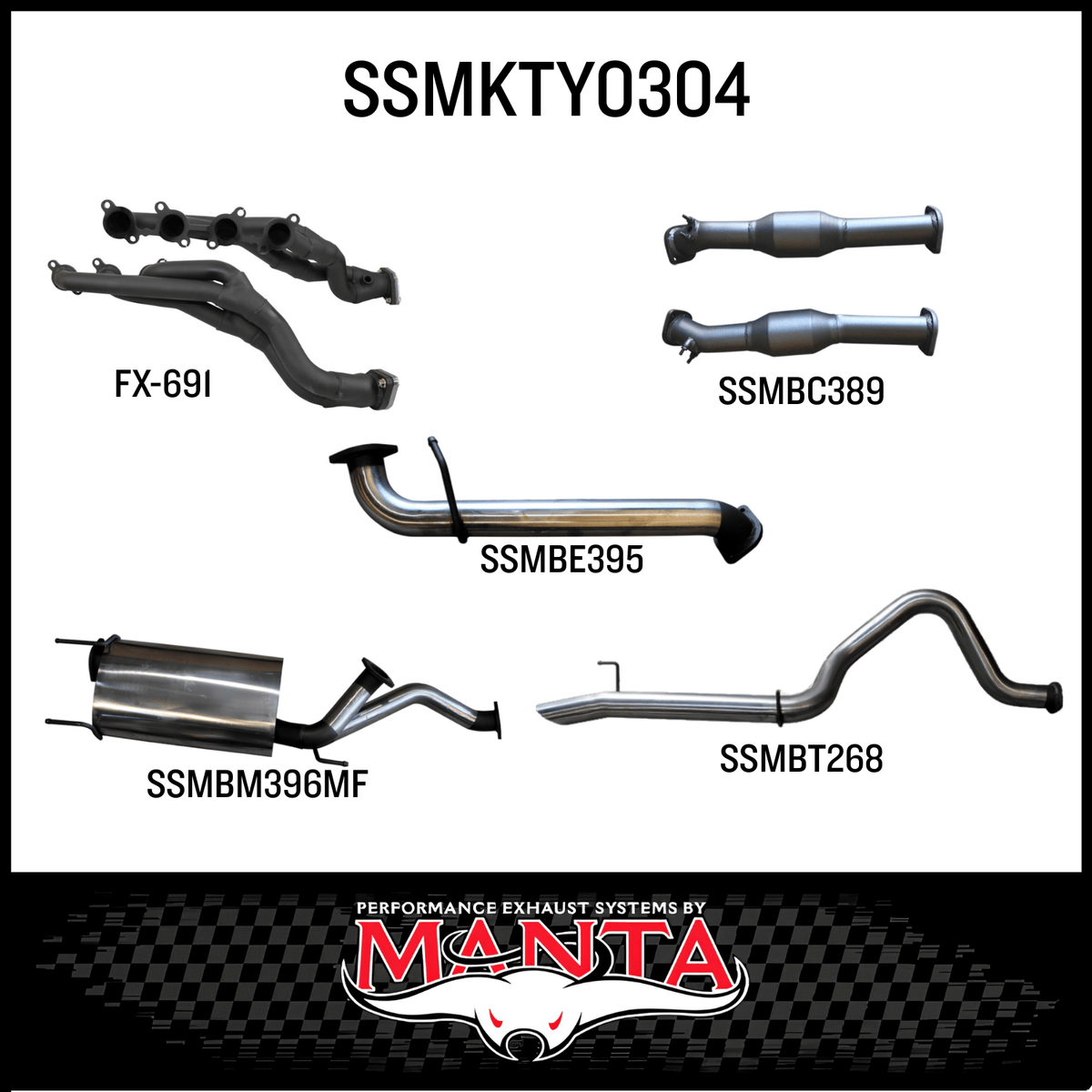 MANTA EXTRACTORS, CATS & 3" CAT BACK EXHAUST SYSTEM WITH CENTRE MUFFLER & REAR TAILPIPE FITS TOYOTA LANDCRUISER UZJ100R 1998-2007 (SSMKTY0304)