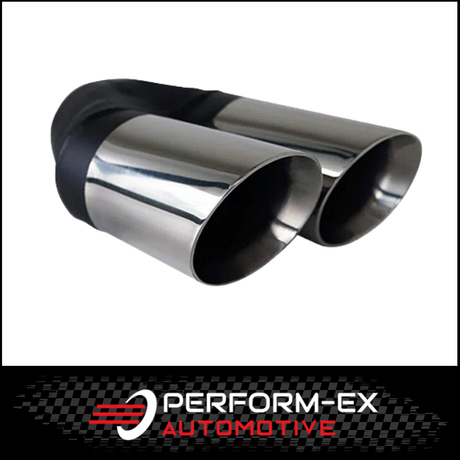 ANGLE CUT INNER CONE STAINLESS STEEL EXHAUST TIP - 2.25" INLET - TWIN 3" OUTLET (RHS)