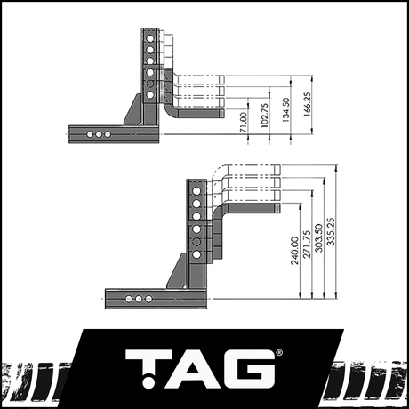 TAG ADJUSTABLE HEAVY DUTY TOW BALL MOUNT - 90° FACE, 50MM SQUARE HITCH - 310MM DROP/335MM RISE (UNTTBM100)