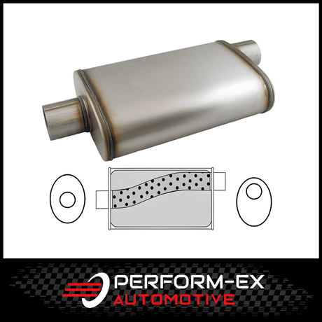 UNIVERSAL 409 STAINLESS STEEL MUFFLER 3" OFFSET/CENTRE - 9" X 4" X 14" LONG OVAL - MEGA FLOW (X827M-409)