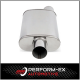 UNIVERSAL POLISHED STAINLESS STEEL MUFFLER 2.5" OFFSET/CENTRE - 9" X 4" X 14" LONG OVAL - MEGA FLOW (X727M-409P)