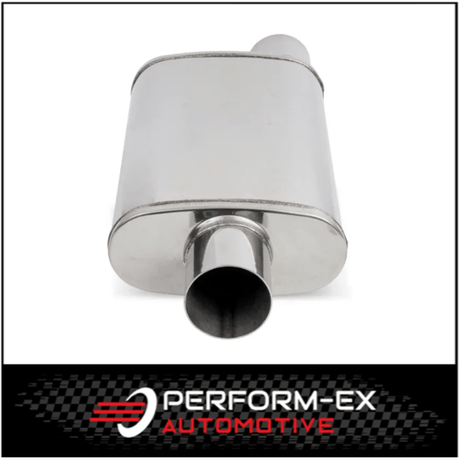 UNIVERSAL POLISHED STAINLESS STEEL MUFFLER 3" OFFSET/CENTRE - 9" X 4" X 14" LONG OVAL - MEGA FLOW (X827M-409P)