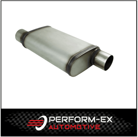 UNIVERSAL 409 STAINLESS STEEL MUFFLER 3" OFFSET/OFFSET - 9" X 4" X 14" LONG OVAL - MEGA FLOW (X828M-409)